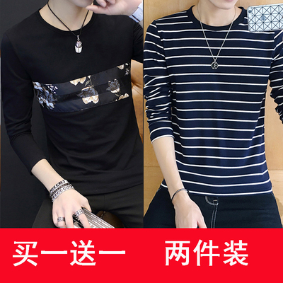 Màu đen và trắng sọc t-shirt nam dài tay phần mỏng Hàn Quốc phiên bản của mùa xuân và mùa thu mô hình loose đáy áo thanh niên vòng cổ bông t-shirt triều Áo phông dài