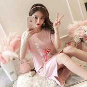 Đồ ngủ cỡ lớn nữ chất béo mùa hè mm200 kg cotton ngắn tay bà bầu váy ngủ sinh viên Hàn Quốc lỏng lẻo màu hồng da báo