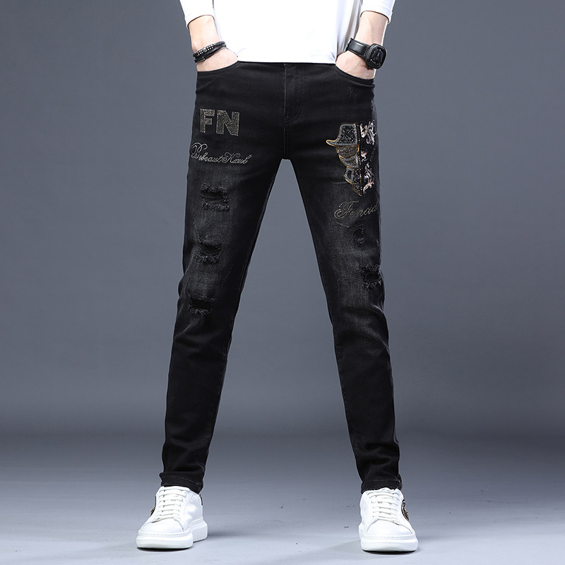 The 2022 new high-end printed and diamond-encrusted men's spring fashion brand ripped patch fitted straight-leg long pants