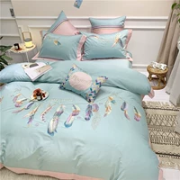 Châu Âu 80 bông dài chủ yếu cotton bốn mảnh cotton satin màu lông thêu chăn đơn giản bộ đồ giường - Bộ đồ giường bốn mảnh chăn ga gối everon