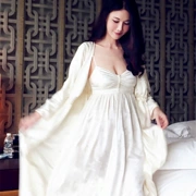 Liu Wei áo ngủ nữ mùa hè sexy mỏng thêu đồ ngủ dài hai mảnh lụa áo choàng tắm Nhật Bản-phong cách nightdress nữ mùa thu