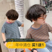Quần áo bé trai Áo thun ngắn tay cotton mùa hè 2019 mới mùa hè Hàn Quốc áo trẻ em sọc nửa tay áo - Áo thun