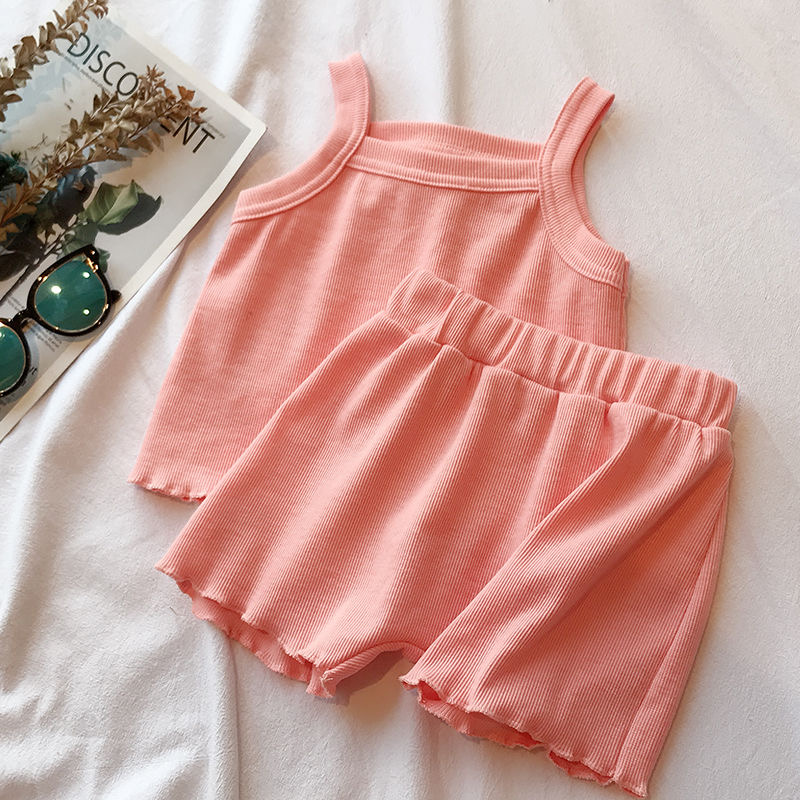 13 PinkChildren's wear 2021 summer new pattern children lattice suit girl baby Foreign style wing Halter tops shorts Two piece set