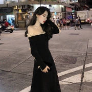 Slim slim mùa thu lưới ren một vai strapless black dress một cách cẩn thận thiết kế máy sexy dài ăn mặc