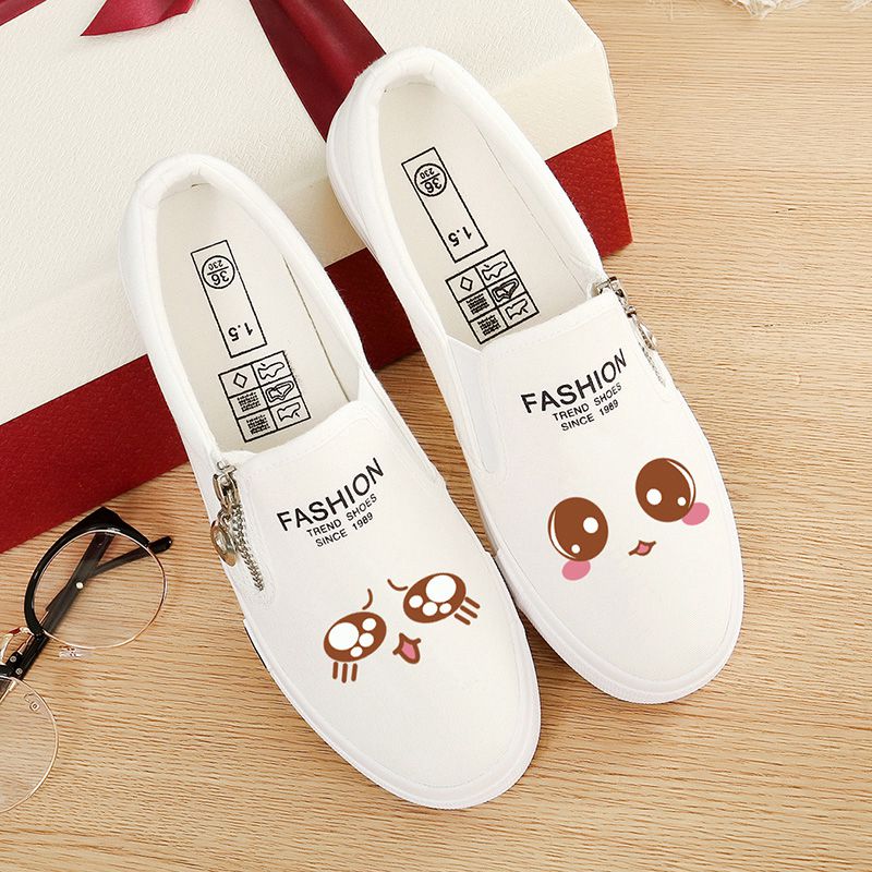 White Expression Eightsummer Graffiti canvas shoe female Kick on Lazy shoes schoolgirl Cloth shoes Flat bottom Casual shoes Korean version Little white shoes female