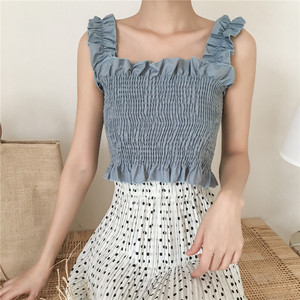 Mới của Hàn Quốc phiên bản của chic gió retro tai gỗ ngắn dây đeo vest hoang dã slim xếp li slim áo sơ mi nữ triều