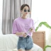 Áo thêu nữ cổ tròn bằng cotton nguyên chất Thư Hàn Quốc yêu in áo thun tay ngắn Áo sơ mi nữ - Cộng với kích thước quần áo Cộng với kích thước quần áo