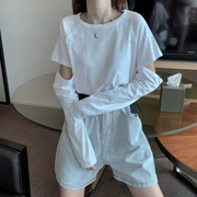 Phụ nữ Hàn Quốc cá tính mới có thể tháo rời áo chống nắng dài tay áo thun rộng rãi áo thun mỏng mỏng áo thun thủy triều - Áo phông