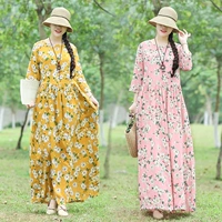 Váy dài phong cách dân tộc retro 2019 mùa thu mới kích thước lớn của phụ nữ cotton và vải lanh in eo giảm béo - Váy dài váy hoa dáng dài