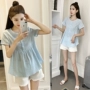 Bà bầu phù hợp với thời trang Hàn Quốc áo hè mùa hè ngắn cotton búp bê quần short hè hai bộ thủy triều - Áo thai sản đầm bầu dự tiệc cao cấp