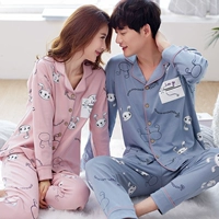 Phiên bản Hàn Quốc của bộ đồ ngủ đôi ve áo dài tay cotton mùa xuân và mùa thu nam nữ áo len phục vụ nhà đôi phù hợp ngọt ngào bộ đồ