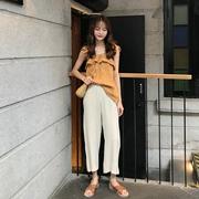 Hàn quốc phiên bản của chic ngọt lá sen bên loose quảng trường cổ áo vest top + treo lên loose chín điểm thẳng quần phù hợp với phụ nữ