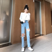 Hồng Kông-hương vị Hàn Quốc phiên bản của lỗ jeans ánh sáng màu xanh chín điểm thẳng quần + mỏng dài tay trùm đầu kem chống nắng áo sơ mi phù hợp với phụ nữ