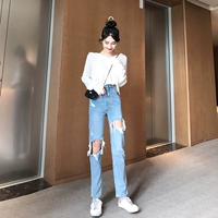 Hồng Kông-hương vị Hàn Quốc phiên bản của lỗ jeans ánh sáng màu xanh chín điểm thẳng quần + mỏng dài tay trùm đầu kem chống nắng áo sơ mi phù hợp với phụ nữ đồ bộ pijama