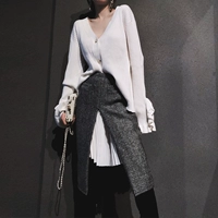 [Jie Ge JG] Áo len nữ cổ chữ V dài tay màu trắng 2018 thu đông và áo len mùa đông kiểu dáng áo len kiểu Hồng Kông áo len tay phồng