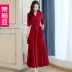 Váy xuân hè 2019 mới dành cho nữ dài tay phiên bản Hàn Quốc của váy dài đến đầu gối - Váy eo cao váy ôm body Váy eo cao