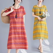 Mùa hè văn học của phụ nữ lỏng lẻo kích thước lớn là cotton mỏng và vải lanh in váy mỏng phần giản dị Một chiếc váy dài từ - Váy dài