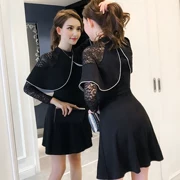 Thu đông 2019 mới của phụ nữ thời trang phối ren gợi cảm Slim một từ váy dài tay eo - A-Line Váy