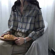 18 Hàn Quốc mùa thu nhỏ tươi hoang dã lỏng ve áo dài tay kẻ sọc đơn ngực áo sơ mi áo sơ mi là áo sơ mi mỏng phụ nữ