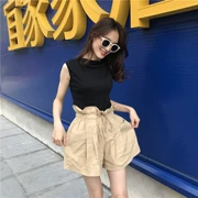 Hàn Quốc mùa hè mỏng u- cổ tay áo t- shirt vest + gỗ tai cao eo dây rút quần short rộng chân quần
