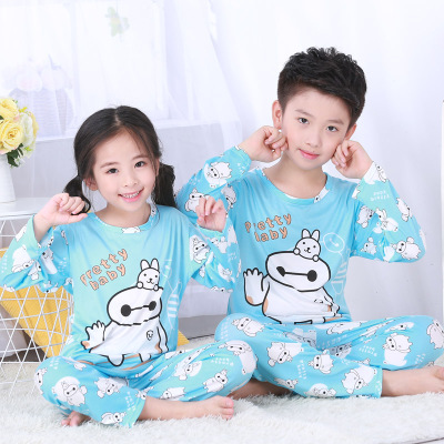 Long Sleeve WhiteLong sleeve children pajamas summer baby suit male girl pure cotton Spring and Autumn Thin boy Zhongda Tong leisure wear