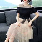 Man Yujia từ vai lưới lưới mùa hè 2019 của phụ nữ thời trang mới Một chiếc váy ngắn tay dài - váy đầm