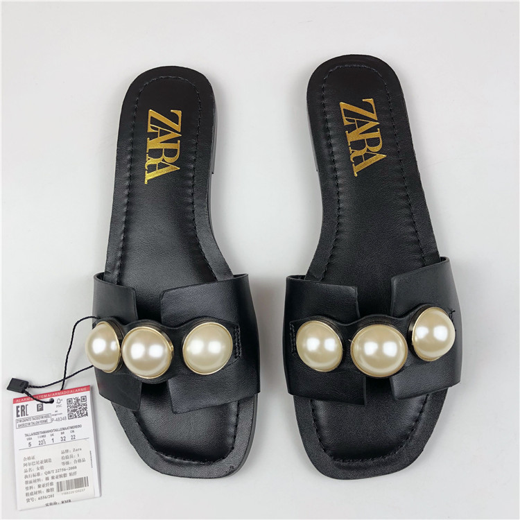 Pearl BlackSpain Z home 2020 summer new pattern Pearl decorate Leatherwear Flat bottom Sandals Versatile Barefoot Wear out slipper female