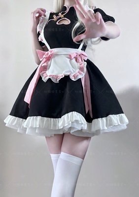 taobao agent Cats and cats sneaky ~ Chinese style maid to improve cheongsam black powder hollow love dresses short -sleeved soft girl cos