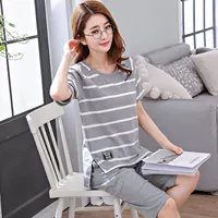 Quần tây cắt ngắn đồ ngủ ngắn tay nữ mùa hè cotton hoạt hình dễ thương mùa hè phiên bản Hàn Quốc hai bộ ít phụ nữ phục vụ tại nhà - Pyjama pijama nam