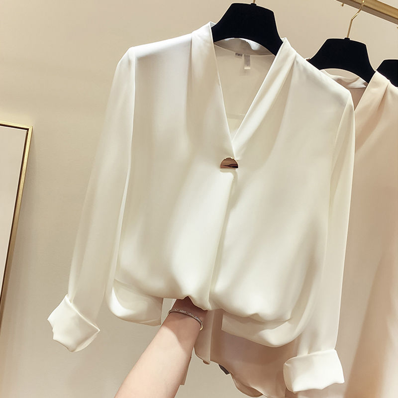 春秋季新款白色衬衫气质显瘦V领长袖宽松纯色衫女超仙上衣