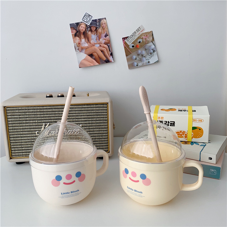 Off White + Light Yellow & One EachHan ins originality straw Plastic like a breath of fresh air lovely With lid spoon drink water glass lovers girl household Simplicity