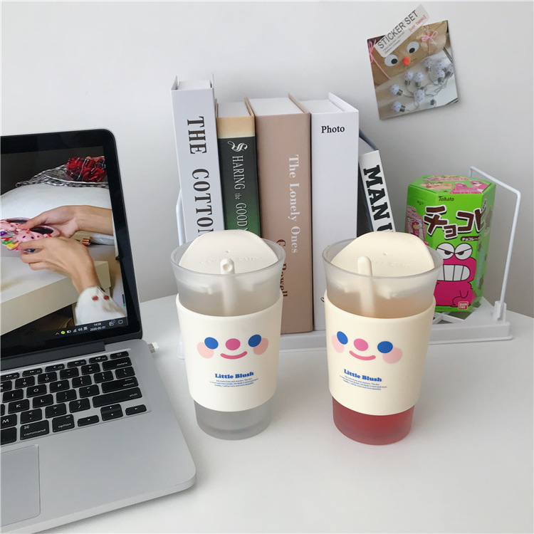 Long Light Yellow + Long Beige & One EachHan ins originality straw Plastic like a breath of fresh air lovely With lid spoon drink water glass lovers girl household Simplicity