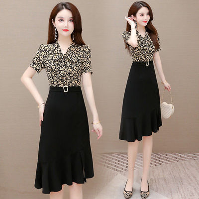 连衣裙短袖女2021夏季新款洋气时尚显瘦印花雪纺拼接假两件连衣裙