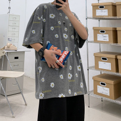 Half sleeve top small daisy print short sleeve t-shirt men's Hong Kong wind net Red Hip Hop loose T-shirt round neck five sleeve