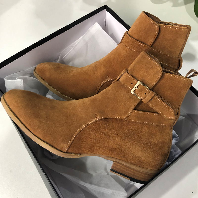 OrangeChelsea boots male Short boots Deer skin Buckles Chelsea Boots genuine leather Britain Gao Bang cowboy Martin boots tide