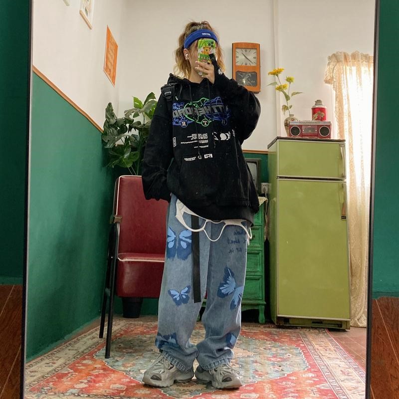 Blue Print (504)BIBULU street Hip hop Retro butterfly printing easy Big size BF boyfriend Straight tube leisure time Jeans men and women tide