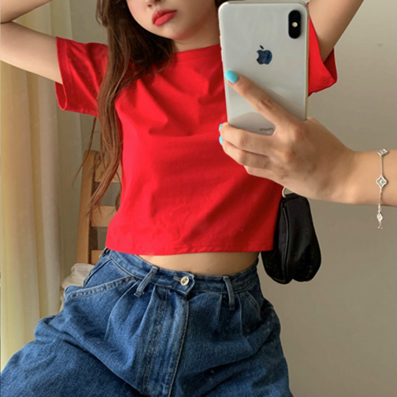 Redsummer Korean version have cash less than that is registered in the accounts Exposed navel Self cultivation T-shirt 2021 new pattern Women's wear easy Short sleeve Solid color Simplicity Built in jacket