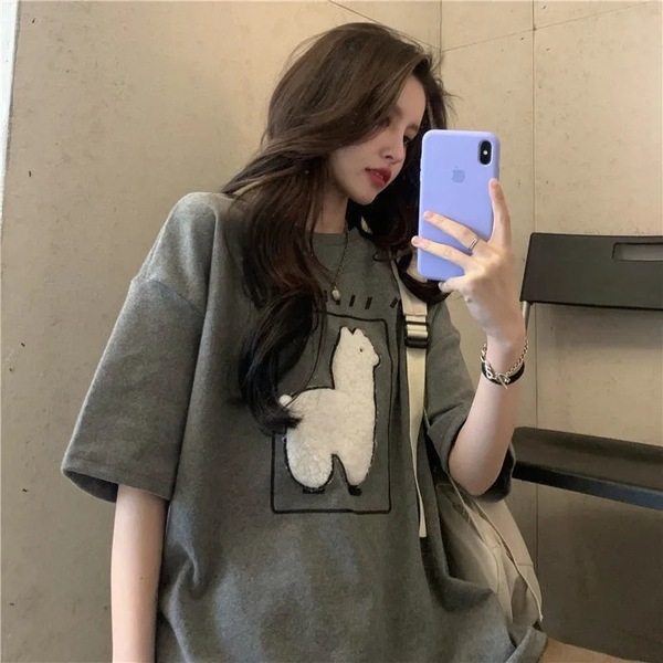 Spring and Summer new three-dimensional alpaca short-sleeved T-shirt for women, Korean cartoon, plaid size, 200 pounds, women's top, one piece for delivery