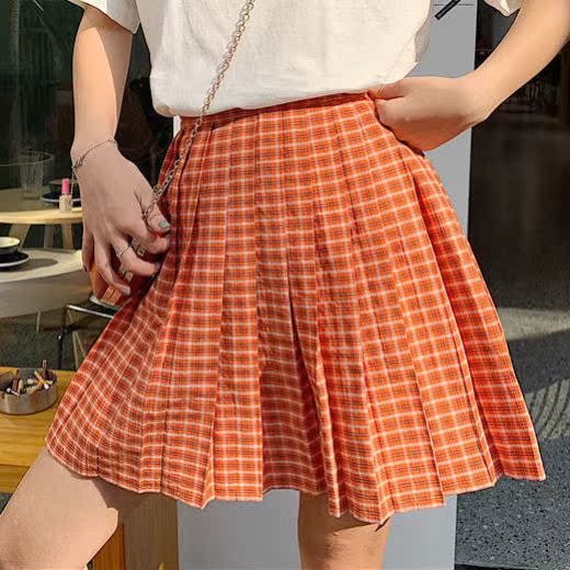 Orange Skirtsummer new pattern easy Versatile student Short sleeve T-shirt female High waist Half body Pleated skirt Two piece set Casual skirt suit