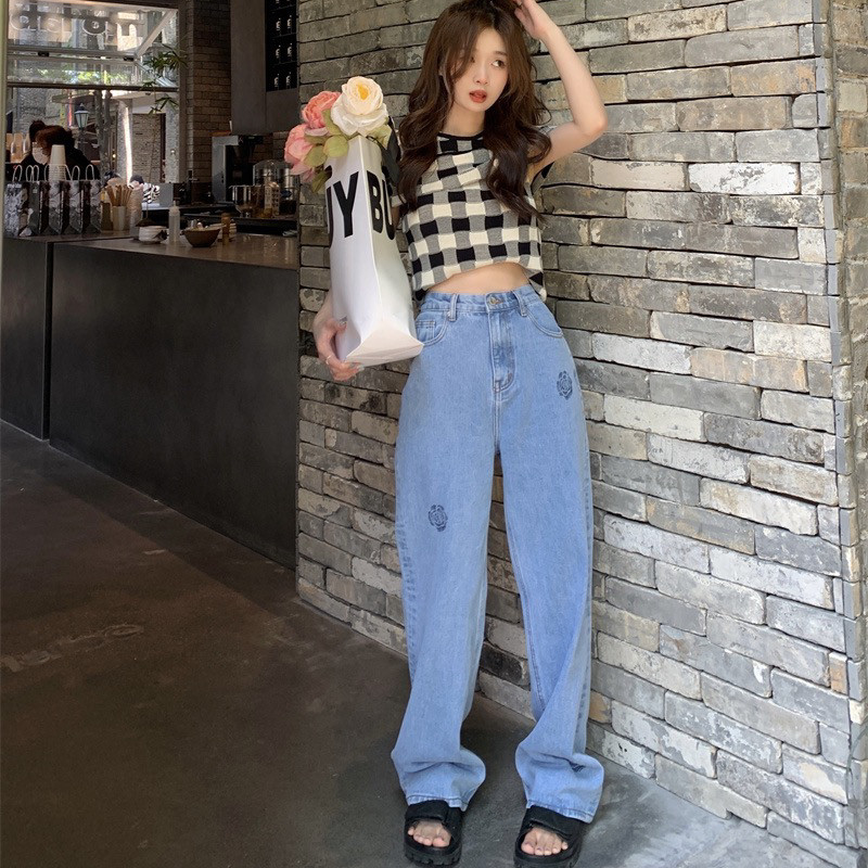 Light blue high-waisted jeans for women, 2022 new autumn loose, straight, slimming, floor-length wide-leg pants