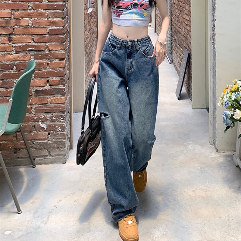 Retro blue ripped jeans for women, 2022 new autumn loose, straight, high-waisted, slimming, wide-leg long pants