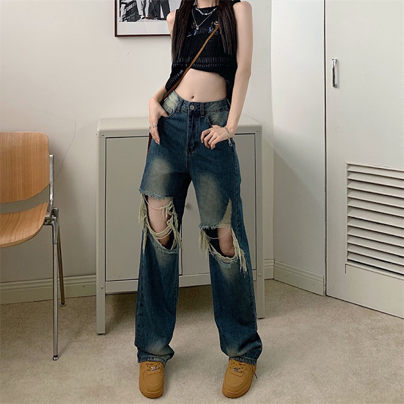 Retro ripped high-waisted jeans for women, 2022 new autumn loose, straight, drape and slimming wide-leg long pants