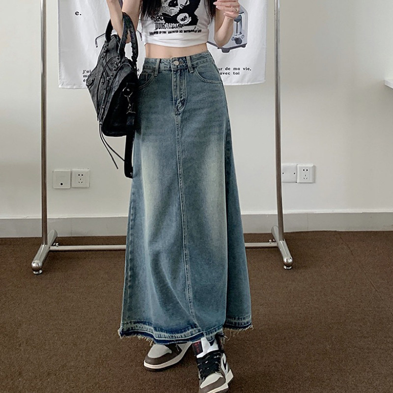 Retro fringed denim MIDI skirt for women, 2022 new autumn fashion, Western-style, high-waisted, slimming knee-length MIDI skirt