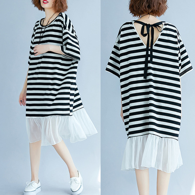 200斤胖mm露背系带蝴蝶结条纹连衣裙女夏装加肥加大码中长款裙子