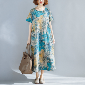 Phong cách dân tộc trung niên cộng với kích thước của phụ nữ bông và vải lanh ngắn- tay đầm lỏng giảm béo tuổi- giảm hoa váy dài