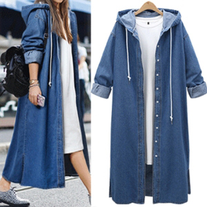 Chất béo MM kích thước lớn denim lỏng áo khoác nữ mùa xuân và mùa thu dài tay trùm đầu denim cardigan trong phần dài BF ladies áo gió