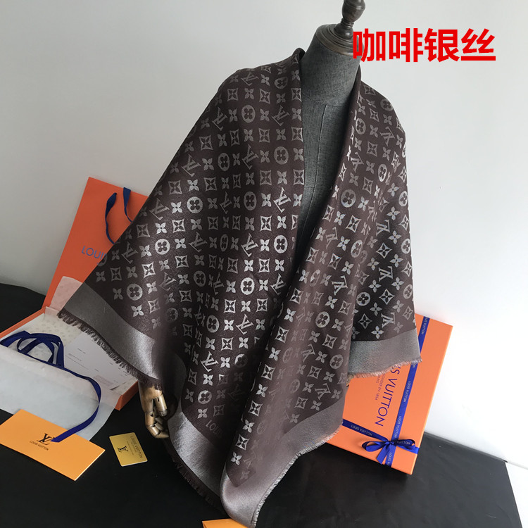 SILVER COFFEEStar of the same style Classic style Denim blue Large square towel Versatile scarf Autumn and winter wool real silk Shawl two-sided Silk scarf female
