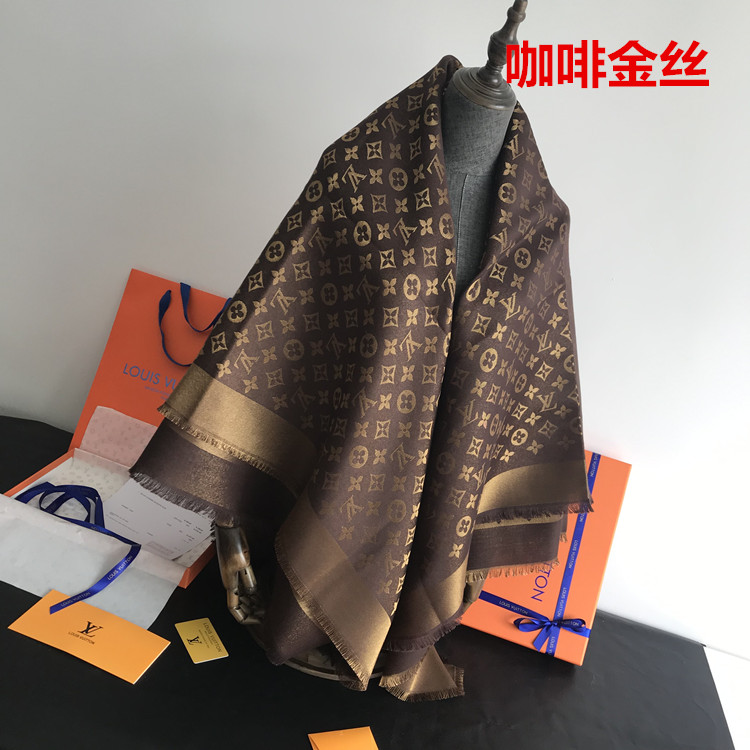 Coffee GoldStar of the same style Classic style Denim blue Large square towel Versatile scarf Autumn and winter wool real silk Shawl two-sided Silk scarf female