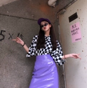 Retro cổng gió chic kẻ sọc áo sơ mi nữ + tím là mỏng kích thước lớn váy mùa hè hai mảnh phù hợp với thiết lập Hong Kong hương vị