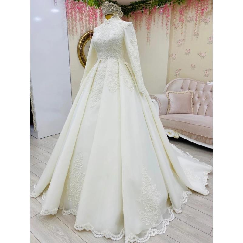 Appliques Muslim Wedding Dresses for Bride 2022 Long Sleeve